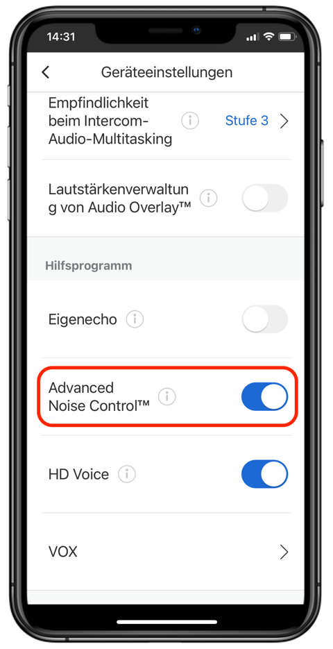 You see the Settings of the Com U1 App with focus on Advanced Noise Control Setting.