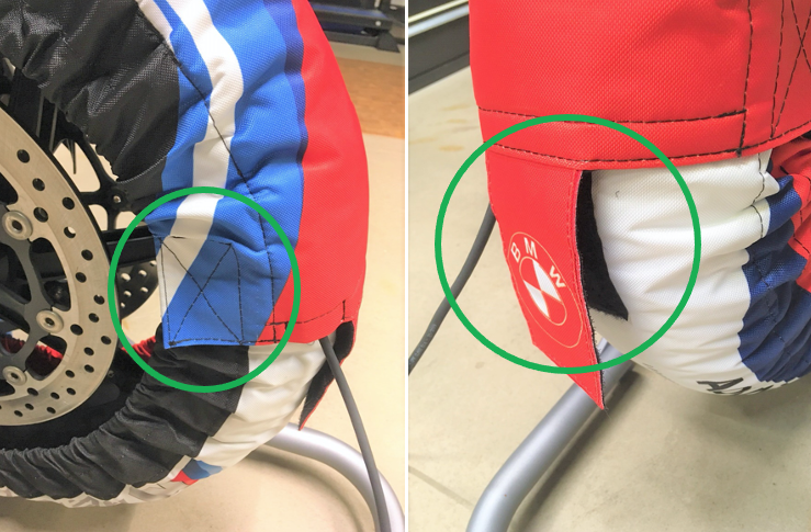 Voyez comme les fermetures velcro sont fixées sur le côté et au milieu du pneu