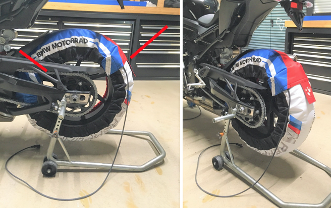 You see the right position of the tire warmer on the back wheel.