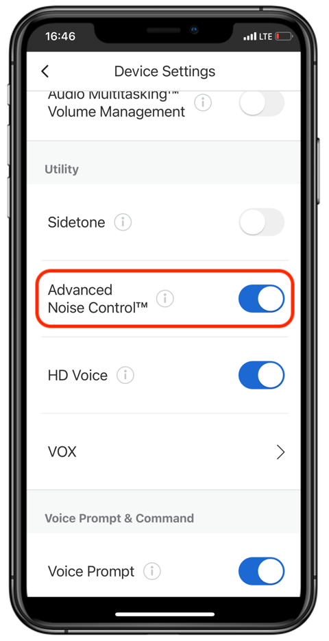You see the Settings of the Com U1 App with focus on Advanced Noise Control Setting.