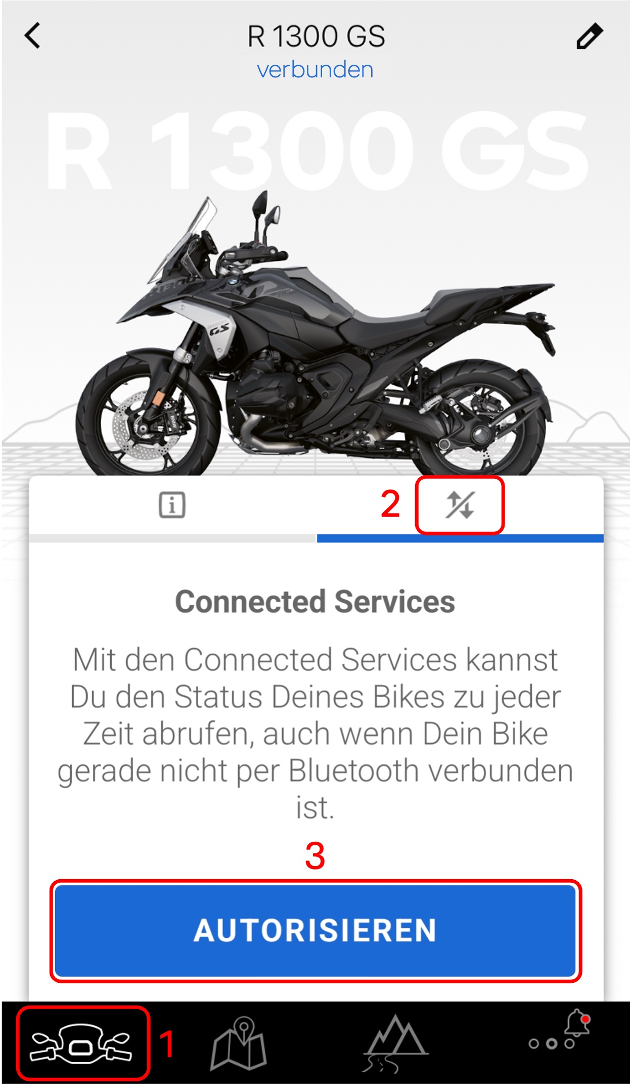 BMW Motorrad Connected App steps in German to activate Connected Services