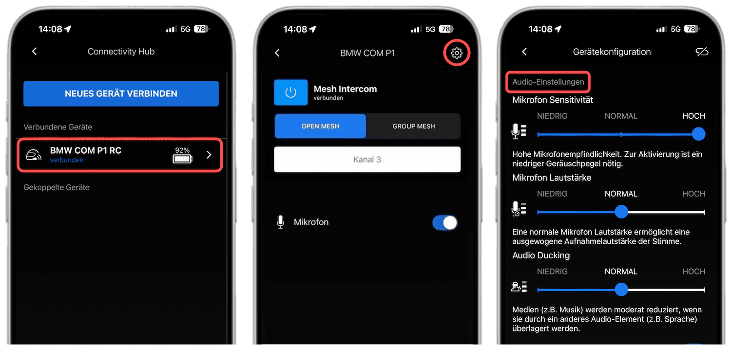 In the BMW Motorrad Connected App select the Com P1 and open the audio settings via the icon in the top-right corner.
