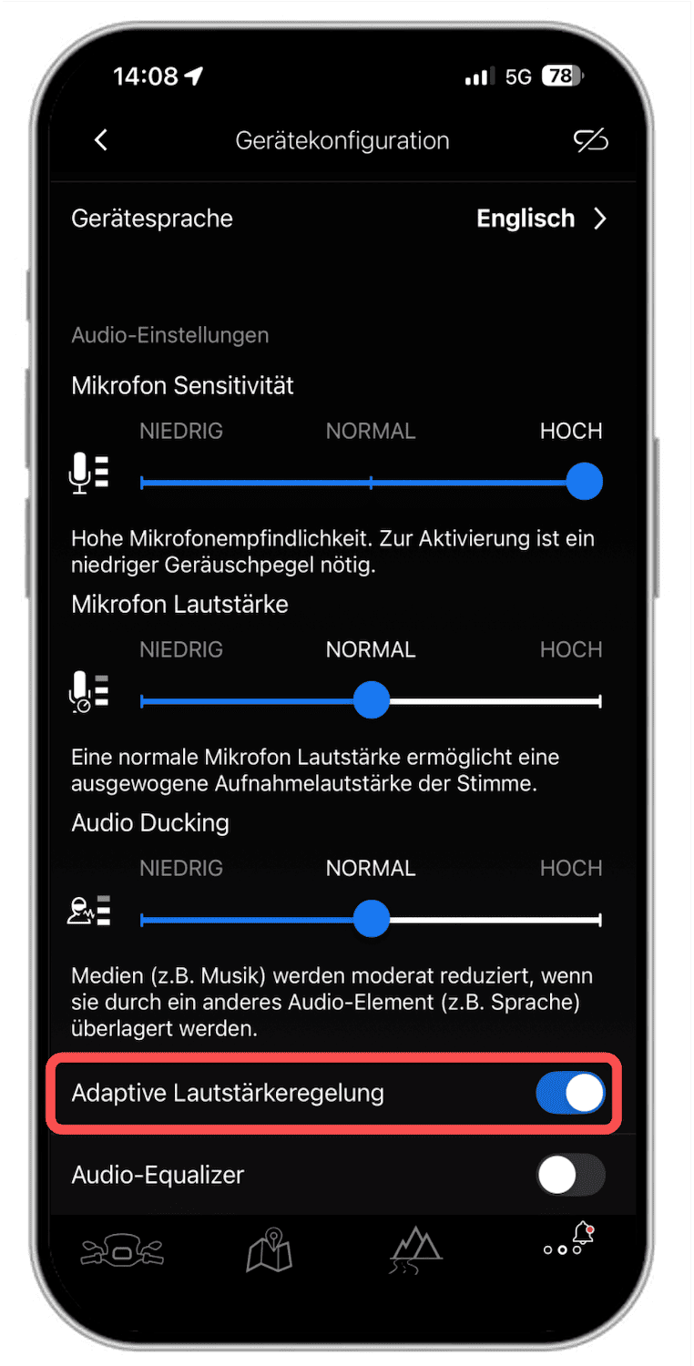 in the BMW Motorrad Connected app switch the adaptive volume control on or off