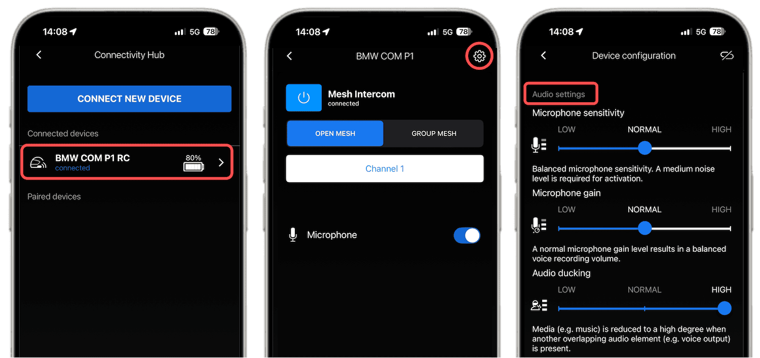 Na aplicação BMW Motorrad Connected, seleciona o Com P1 e acede às definições de áudio através do ícone no canto superior direito.