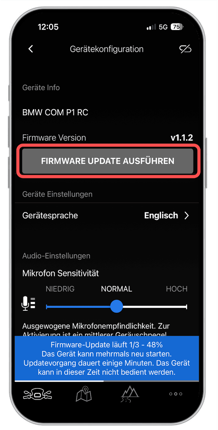 Update of the ConnectedRide Com P1 in the BMW Motorrad Connected App when a new update is available a button will appear