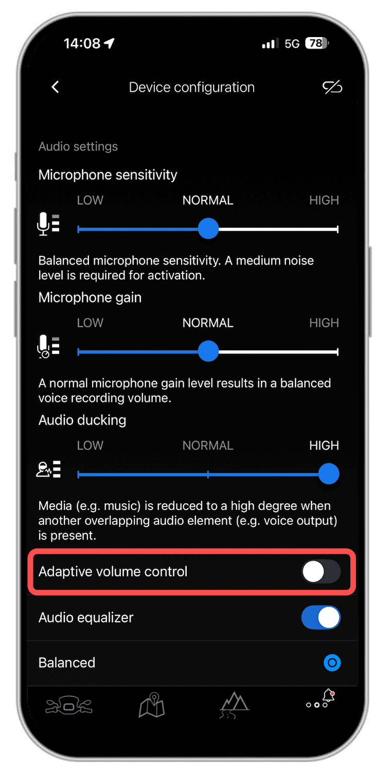 In the BMW Motorrad Connected app, switch the adaptive volume control on or off