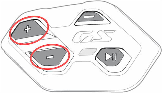 On the ConnectedRide Com P1 GS, press the minus or plus button