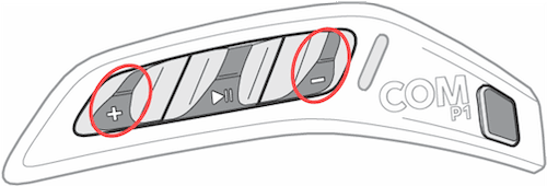 On the ConnectedRide Com P1 System 8, press the minus or plus button