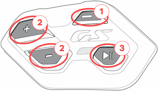 On the ConnectedRide Com P1 GS, press the menu button to select settings, the plus and minus buttons to navigate, and the play button to confirm your selection