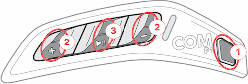 On the ConnectedRide Com P1 System 8, press the menu button to select settings, the plus and minus buttons to navigate, and the play button to confirm your selection