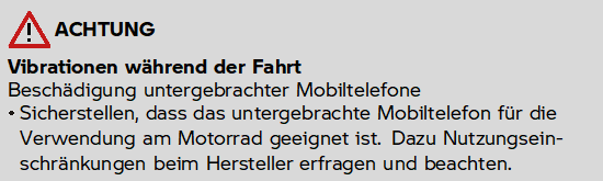 Wir sehen den Hinweis, dass Vibrationen auftreten können, wenn das Motorrad in Bewegung ist.