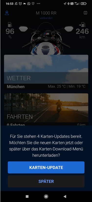 You see the BMW Motorrad Connected App with a Pop Up Window to update your maps.